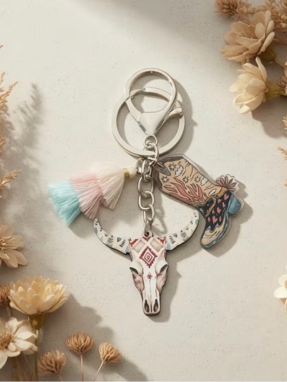 Western Boho Pastel Tassel Cow Skull & Cowboy Boot Keychain or Bag Charm